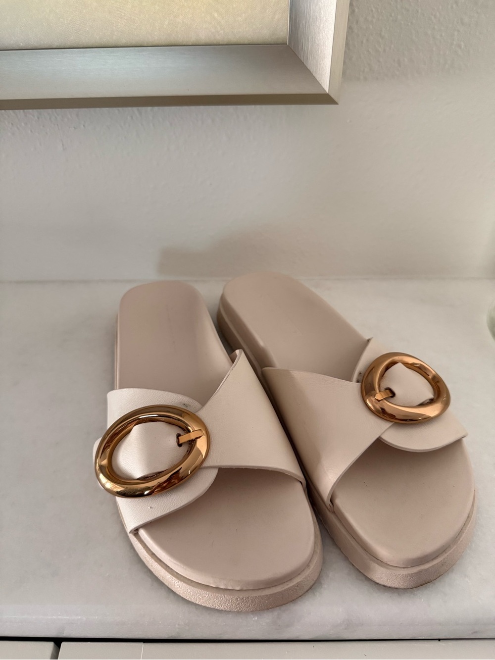 Steven By Steve Madden Cream Slide Sandals with Gold Buckle